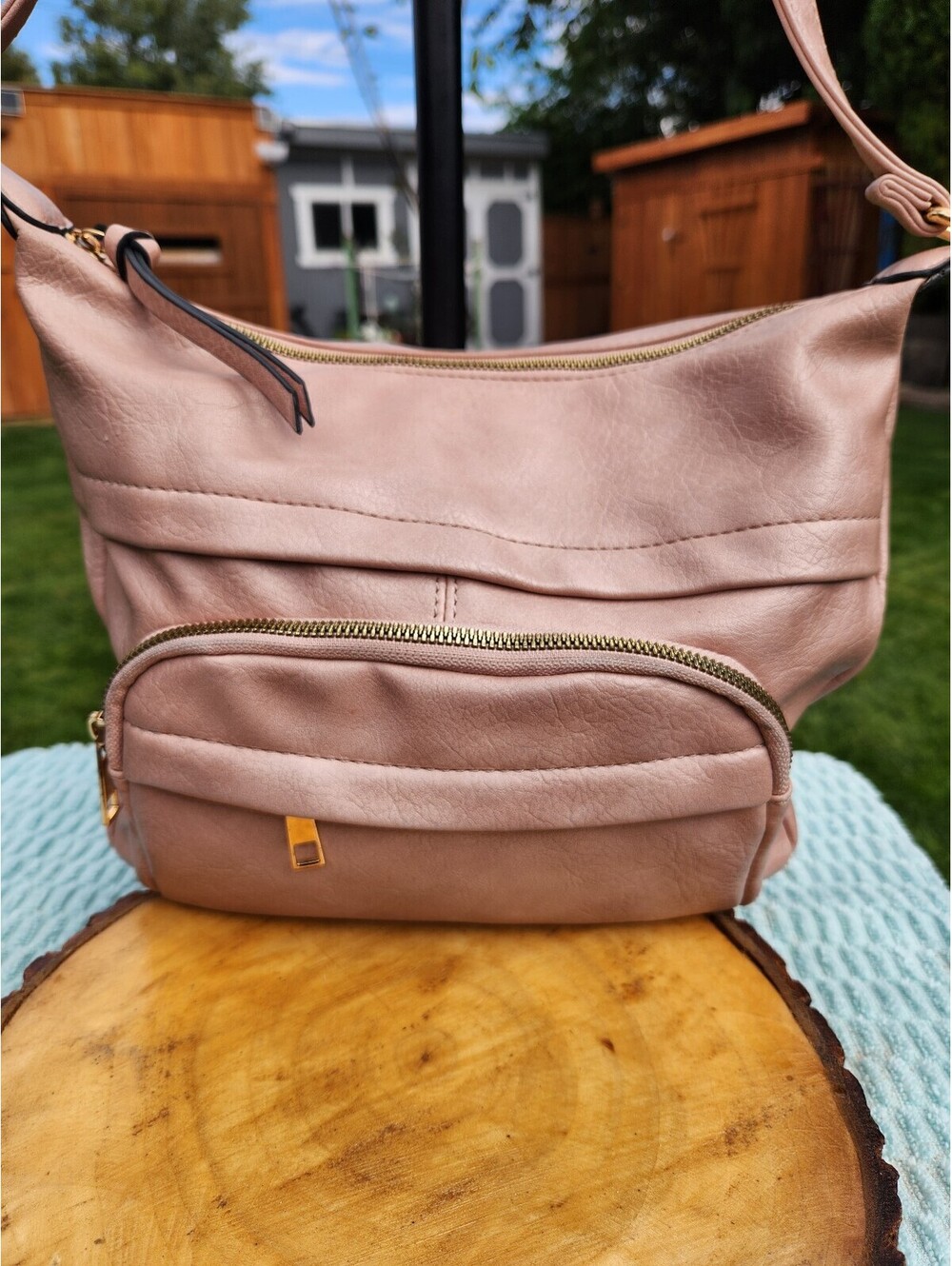 Light Pink Faux Leather Shoulder Bag with Leopard Print Interior